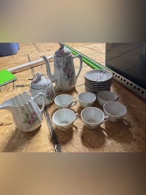 Porcelain Floral Tea Set with Gold Trim - Pink & Green Roses vintage